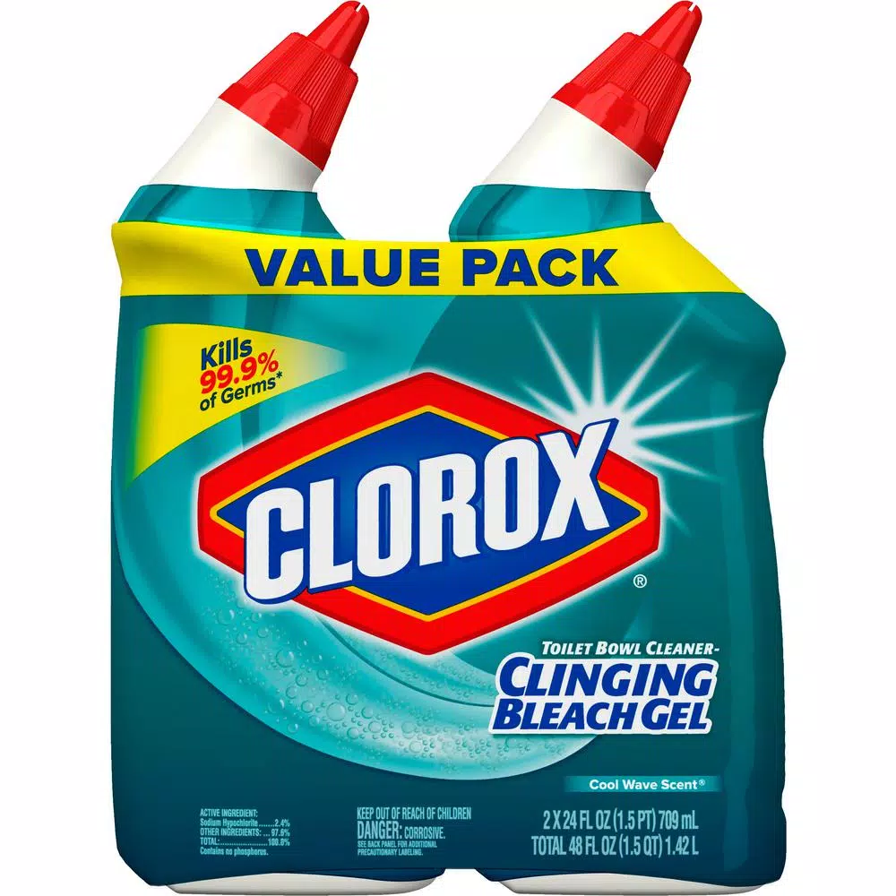 Clorox Toilet Bowl Cleaner Clinging Bleach Gel, Cool Wave Scent, 24 oz (2-Pack)