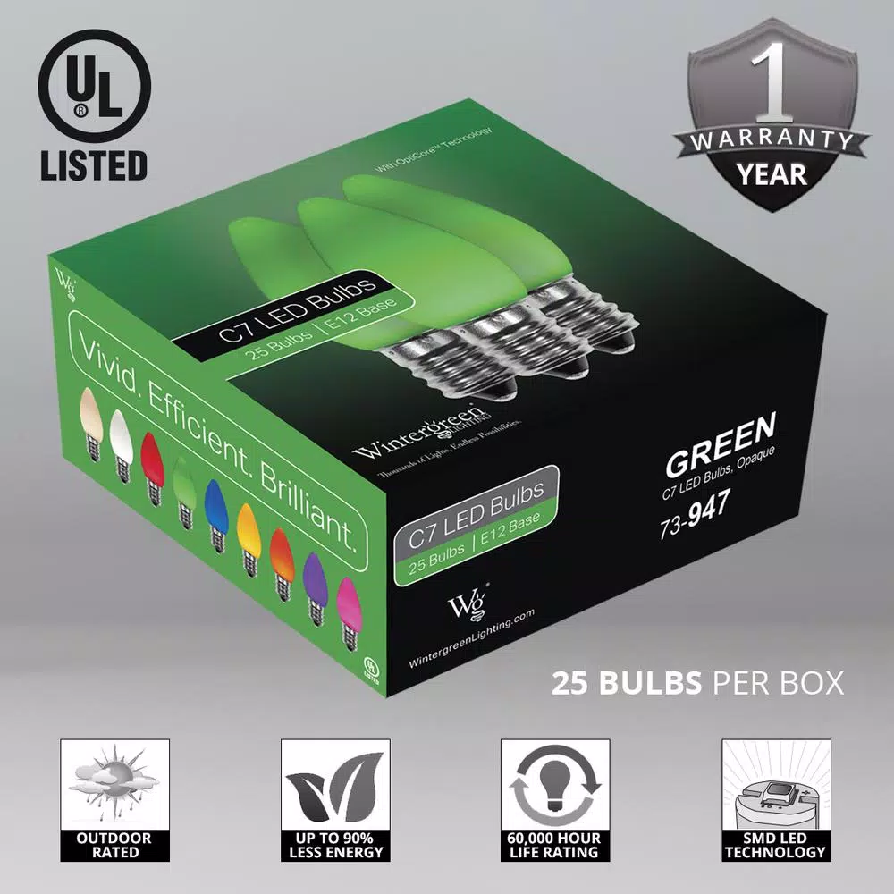 Wintergreen Lighting OptiCore C7 LED Green Smooth Opaque Christmas Light Bulbs, 25-Pack