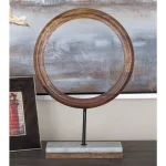 LITTON LANE 17 in. Modern Ring Centerpiece Sculpture - Stained Brown Mango Wood & Marble thumbnail 1
