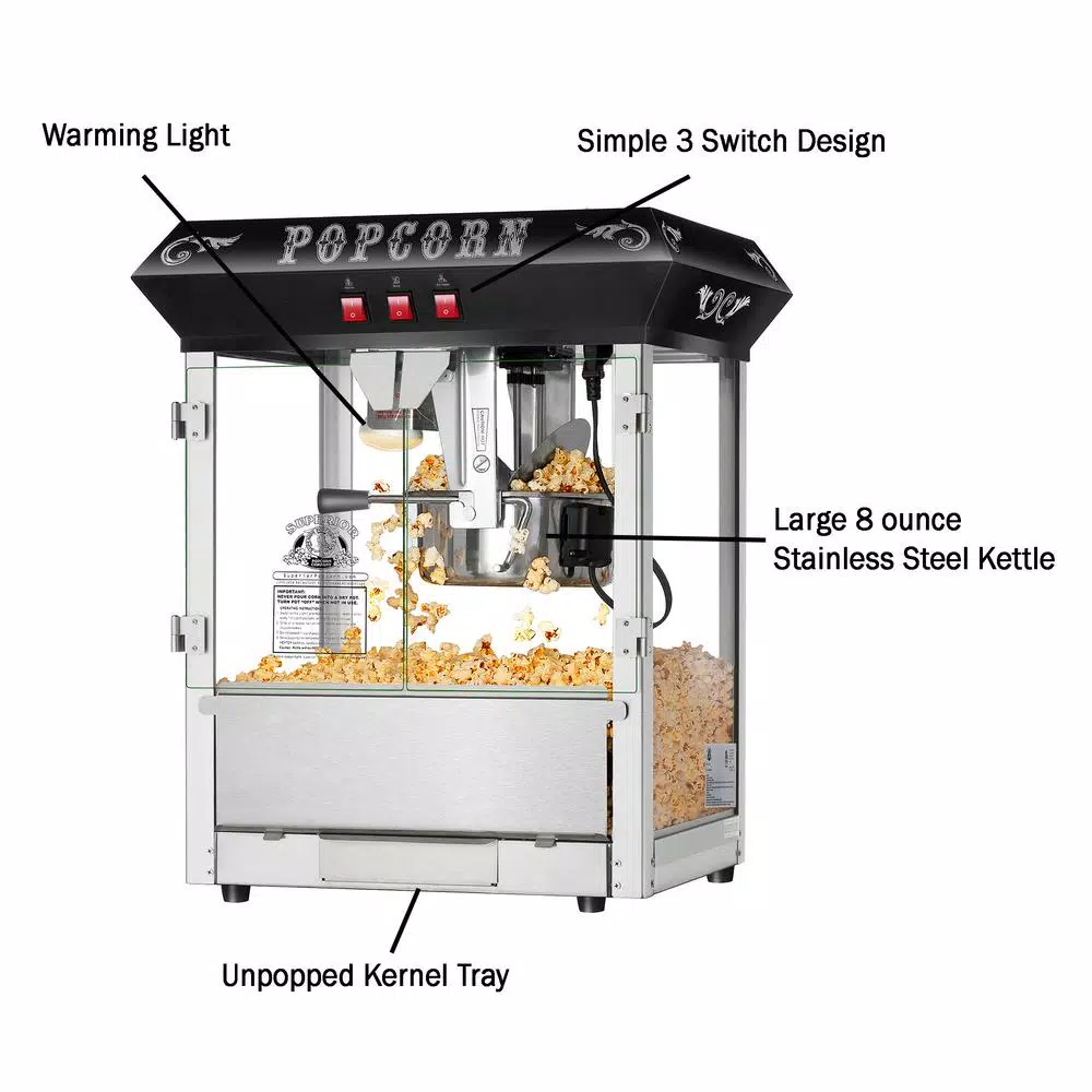 Unbranded 8 oz. Commercial Countertop Popcorn Popper Machine with Storage Cabinet, Black & Stainless Steel
