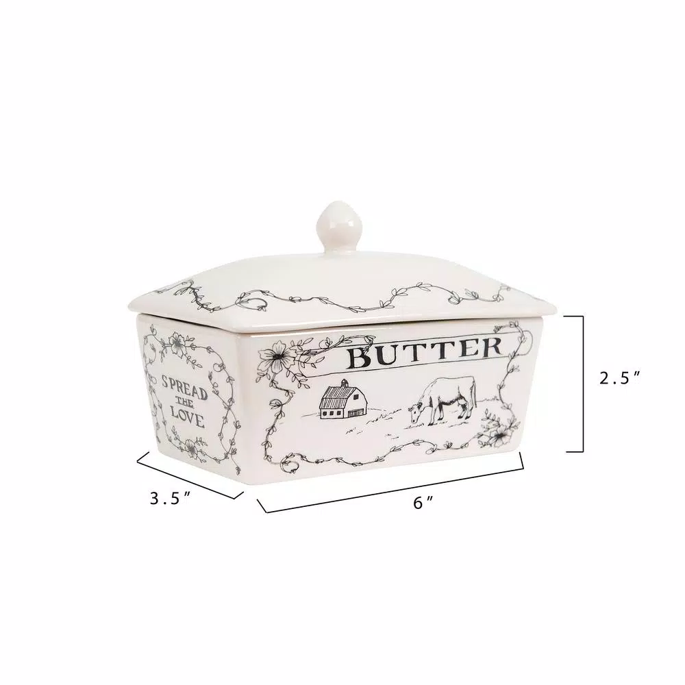 3R Studios White and Black Stoneware Butter Dish with Lid, Farm Scene Design