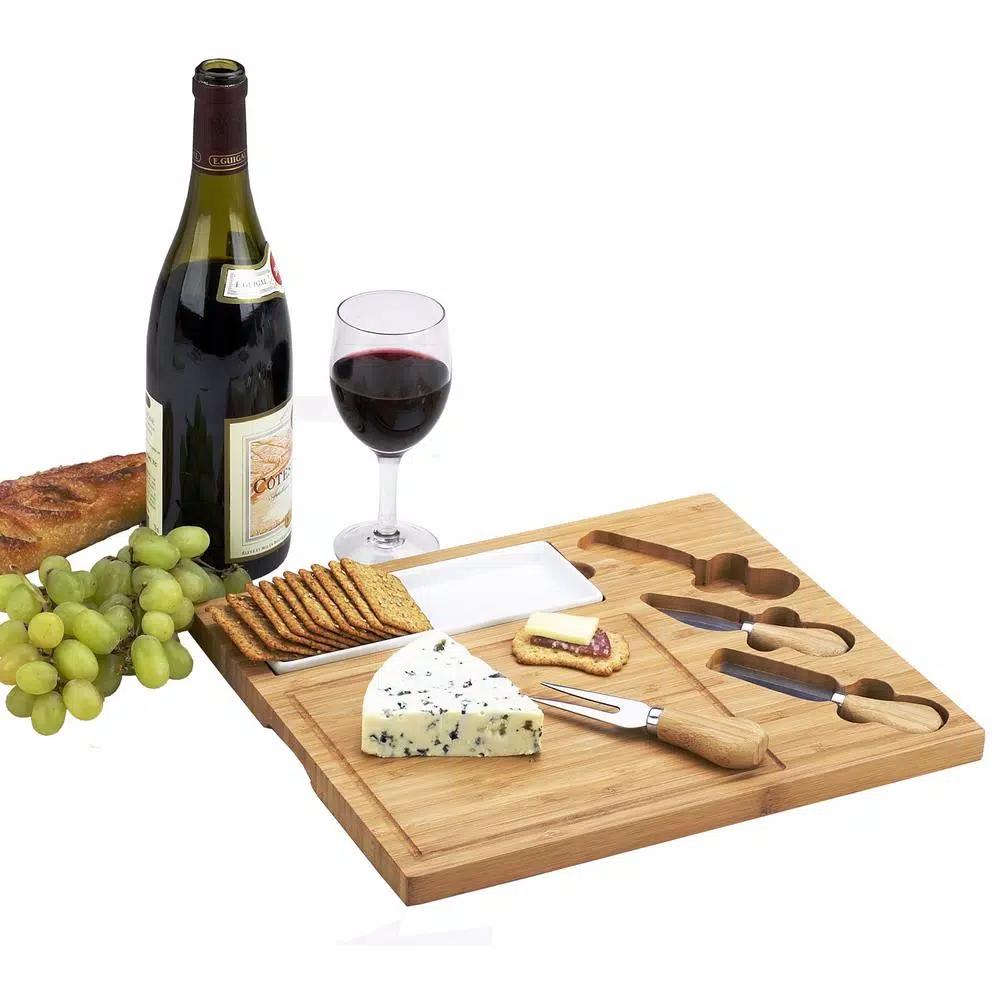 Unbranded Picnic at Ascot Celtic Bamboo Cheese Board Set with Ceramic Dish and 3 Stainless Steel Tools