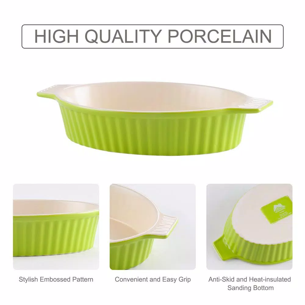 MALACASA 2-Piece Oval Green Porcelain Bakeware Set, 12.75 in. and 14.5 in. Ceramic Baking Pans