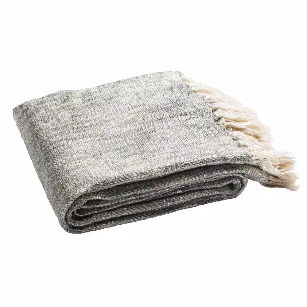 Safavieh Jacqui Grey and Silver Metallic Abstract Cotton Throw Blanket with Fringe