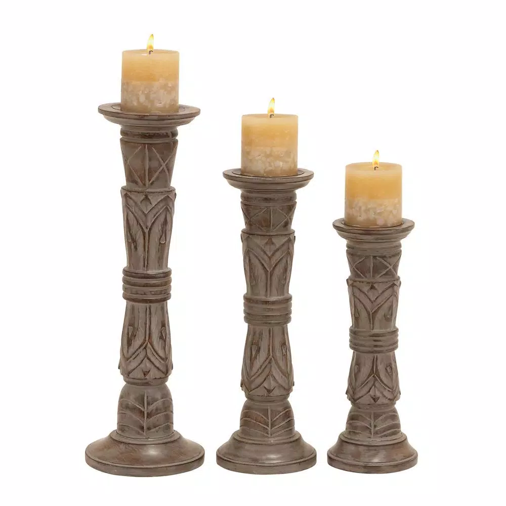 LITTON LANE Rustic Brown Carved Mango Wood Candle Holder Set of 3 with Tribal Engraved Patterns