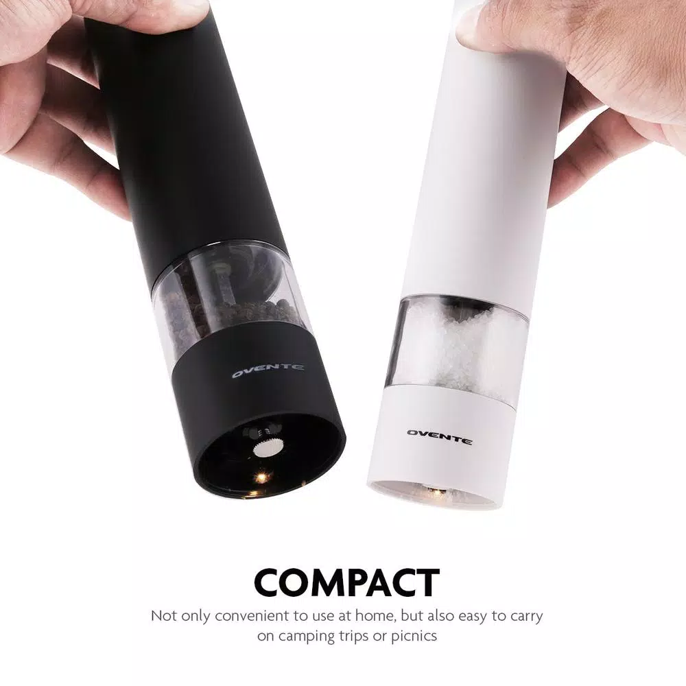 Ovente Electric Salt and Pepper Grinder Set, Battery Operated, Adjustable Coarseness, Black and White