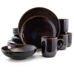 Elama Midnight Beach 16-Piece Metallic Black Stoneware Dinnerware Set, Service for 4 thumbnail 1