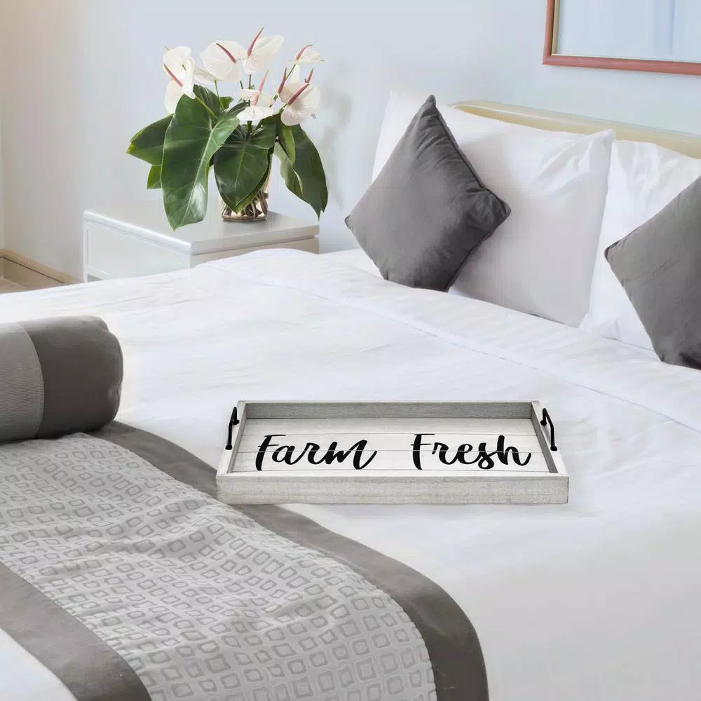 Elegant Designs Farm Fresh Gray Wash Decorative Wood Serving Tray with Black Metal Handles