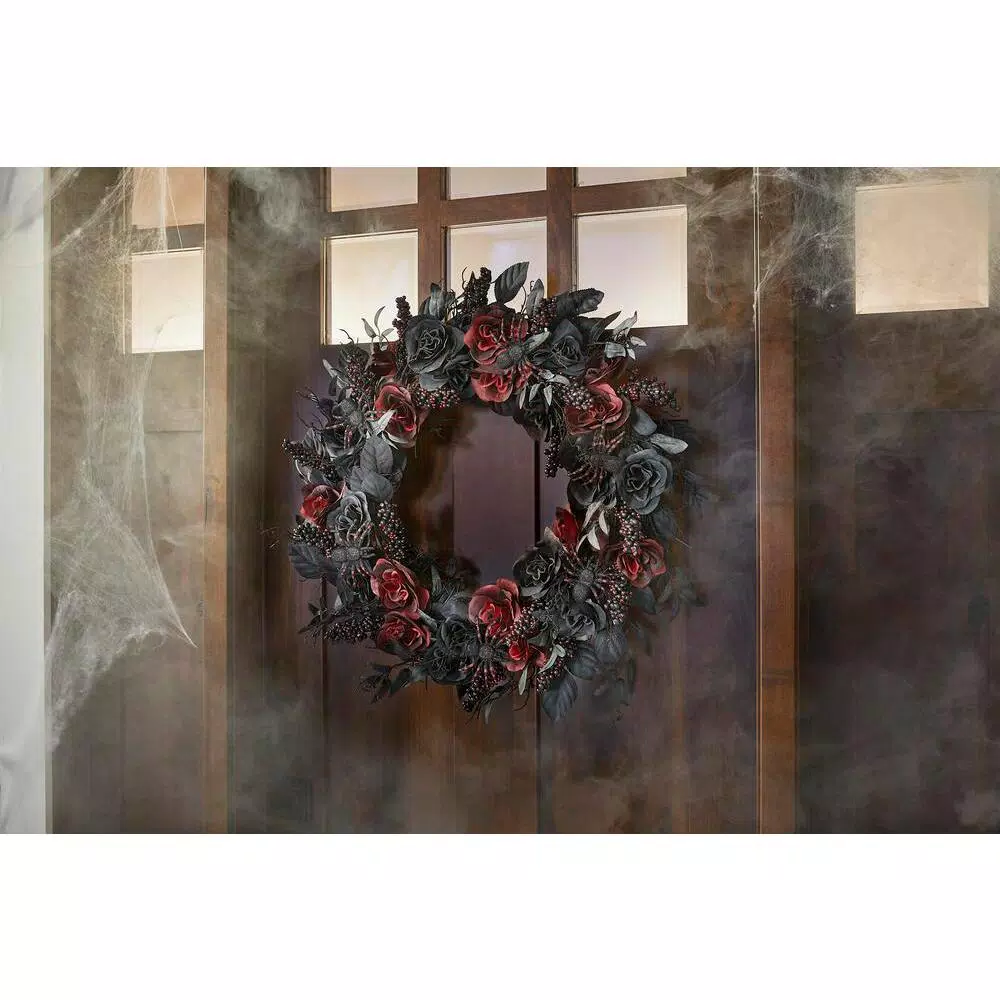 Home Accents Holiday 30 in. Black and Burgundy Artificial Rose Halloween Wreath