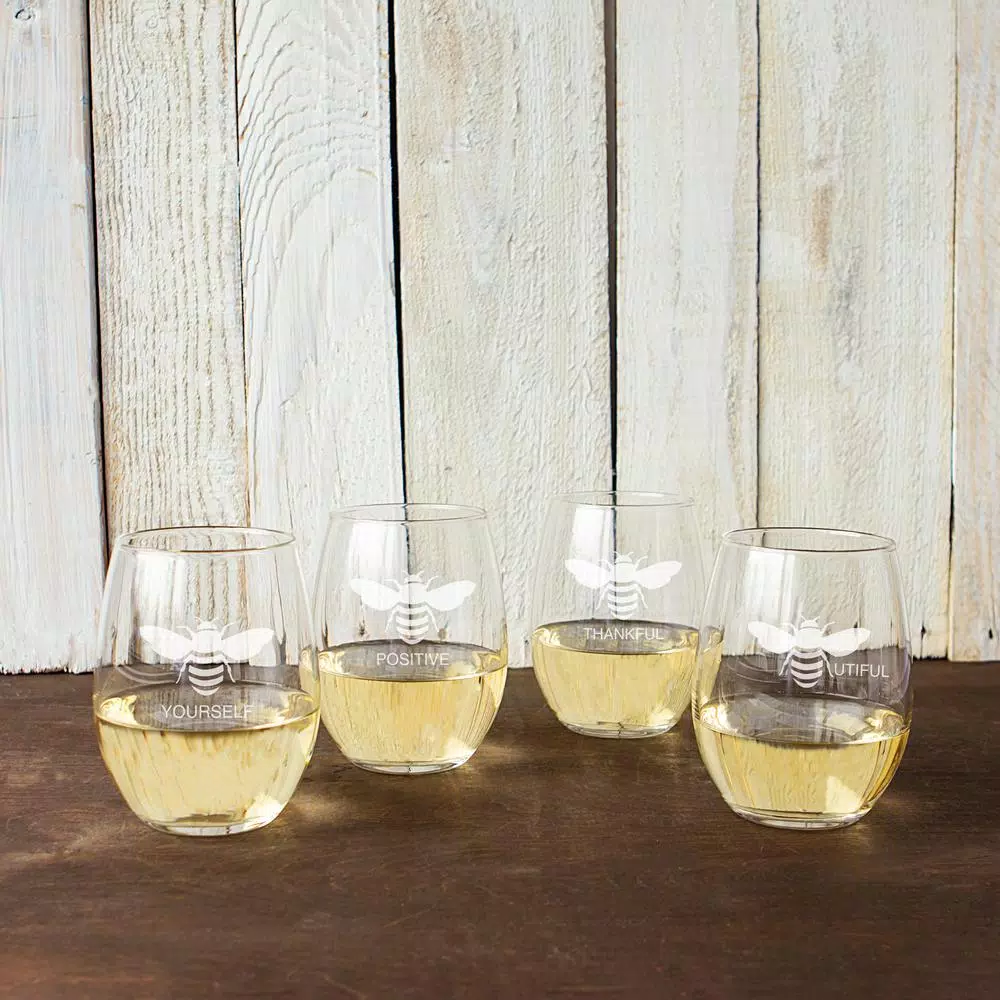 Cathy's Concepts Bee Thankful Stemless Wine Glasses, Set of 4, 21 oz. Hand-Blown Glassware
