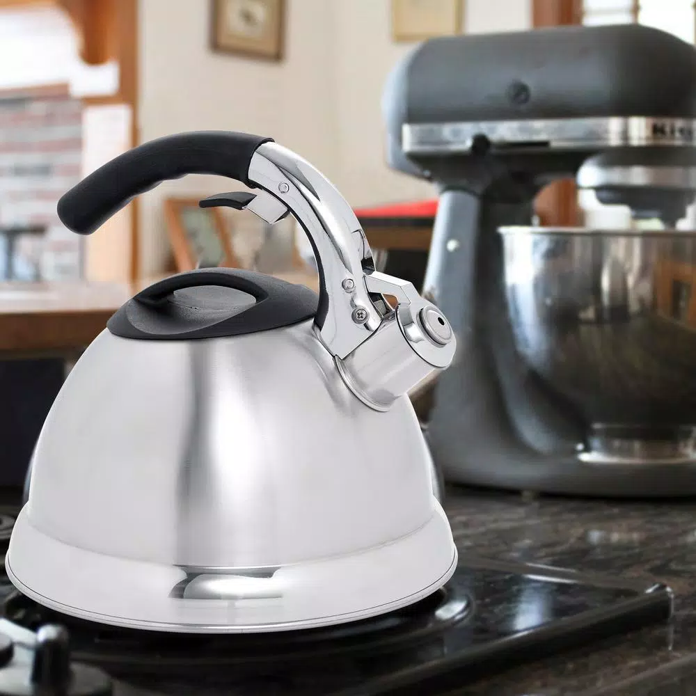 Creative Home Avalon 12-Cup Stainless Steel Whistling Tea Kettle with Lever Pour System, Silver