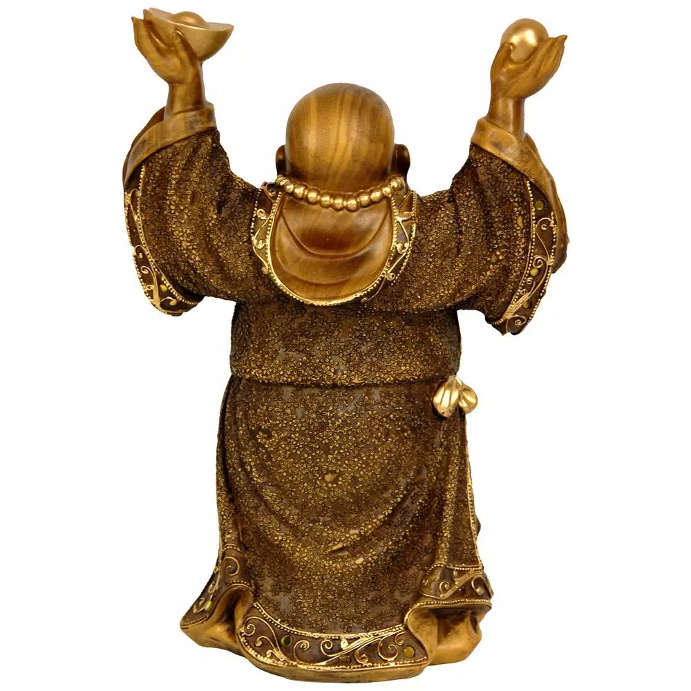 Oriental Furniture 12 in. Standing Prosperity Buddha Statue - Gold Faux Wood Finish