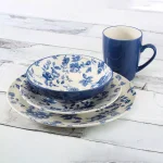 Thomson Pottery Laura Blue 16-Piece Stoneware Dinnerware Set - Old English Rose Design, Service for 4 thumbnail 2