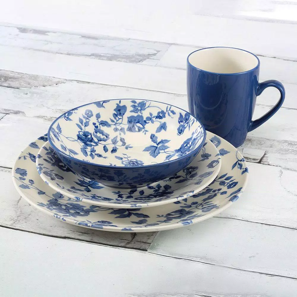 Thomson Pottery Laura Blue 16-Piece Stoneware Dinnerware Set - Old English Rose Design, Service for 4