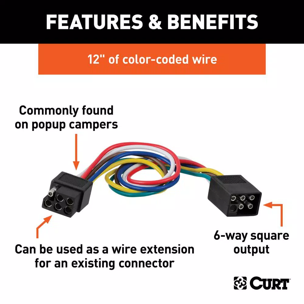 CURT 6-Way Square Trailer Connector Kit with 12" Color-Coded Wires