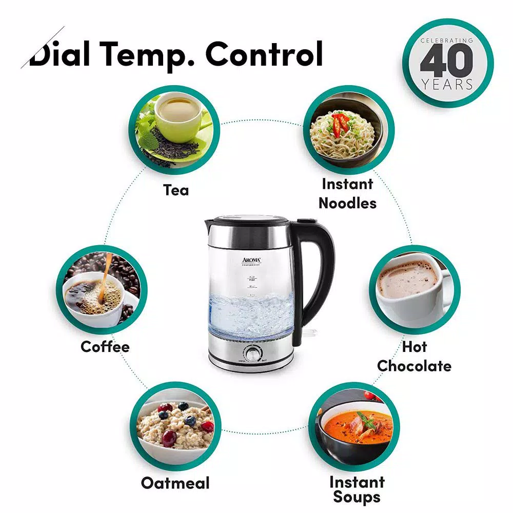 Aroma Stainless Steel Electric Kettle with German Glass, 1.2L Capacity, 1500W