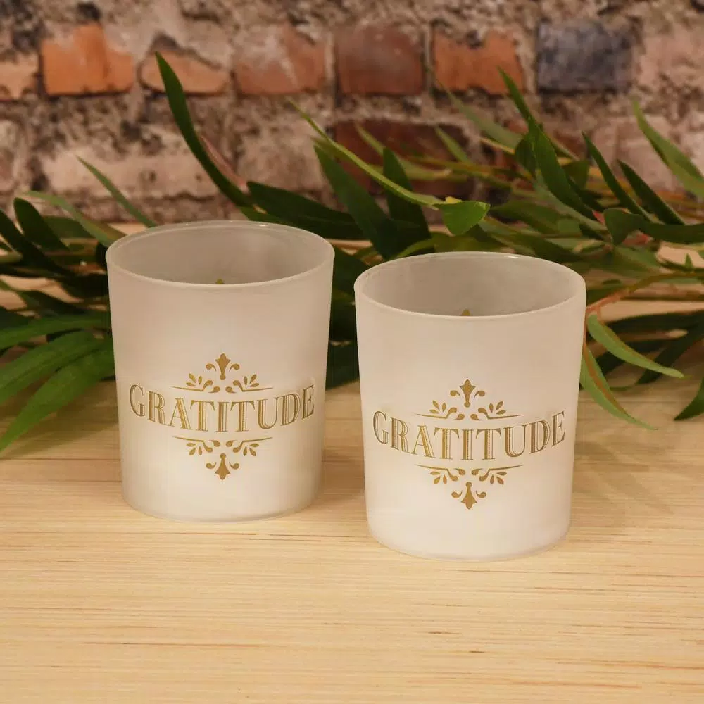 LUMABASE Gold Gratitude LED Battery Operated Candles with Frosted Glass - Set of 2