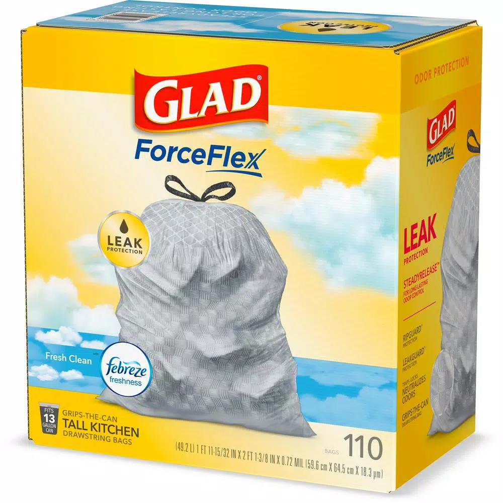Glad ForceFlex 13 Gallon Tall Kitchen Drawstring Trash Bags, Fresh Clean Scent with Febreze, 110 Count