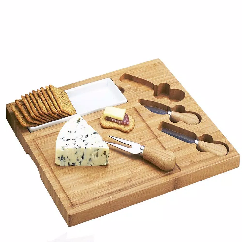 Unbranded Picnic at Ascot Celtic Bamboo Cheese Board Set with Ceramic Dish and 3 Stainless Steel Tools