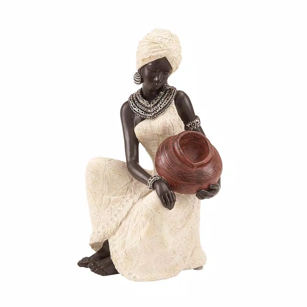 LITTON LANE Globe Trotter 10 in. African Woman Decorative Figurine - Textured Ebony, Beige, and Silver Polystone Sculpture