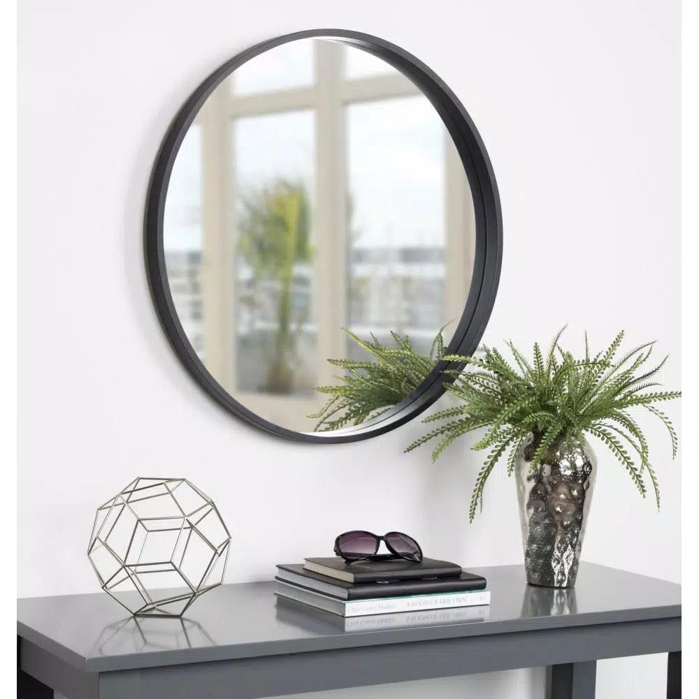Kate and Laurel Black Contemporary Round Wood Framed Accent Mirror, 25.59 in.
