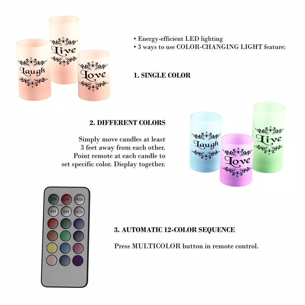 Lavish Home Live Laugh Love LED Flameless Candle Set of 3 with Remote