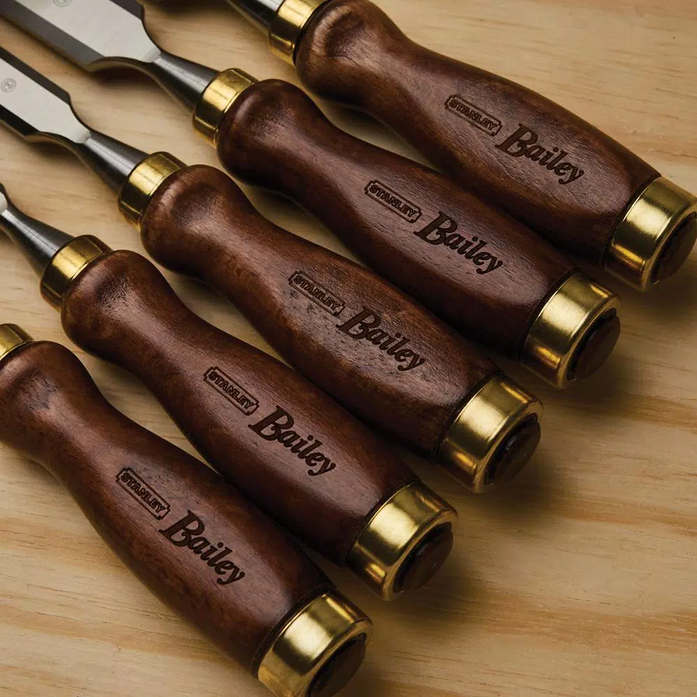 Stanley Bailey 5-Piece Chisel Set with Hardwood Handles and Leather Pouch