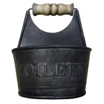 Benzara Dark Gray Iron Toilet Caddy with Wooden Handles and Embossed Tiolette Text thumbnail 1
