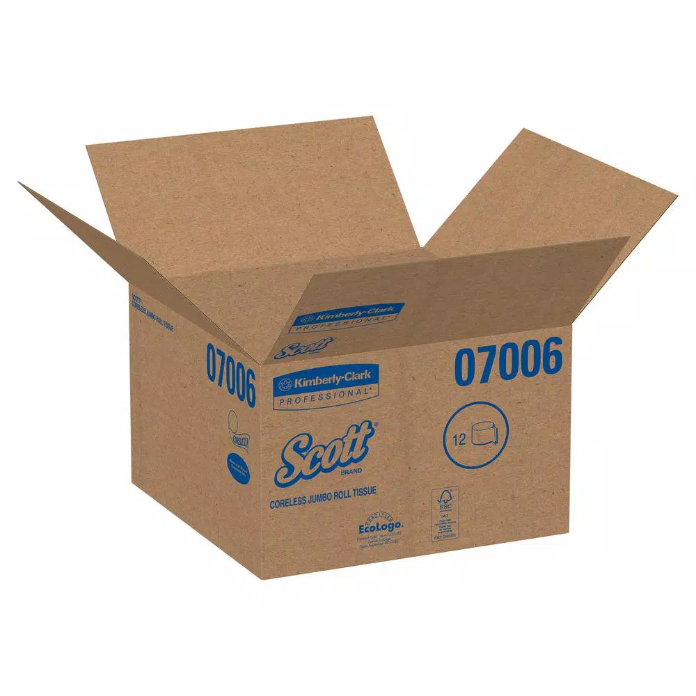 Scott Jumbo Roll White 2-Ply Coreless Toilet Paper, 12 Rolls Per Carton