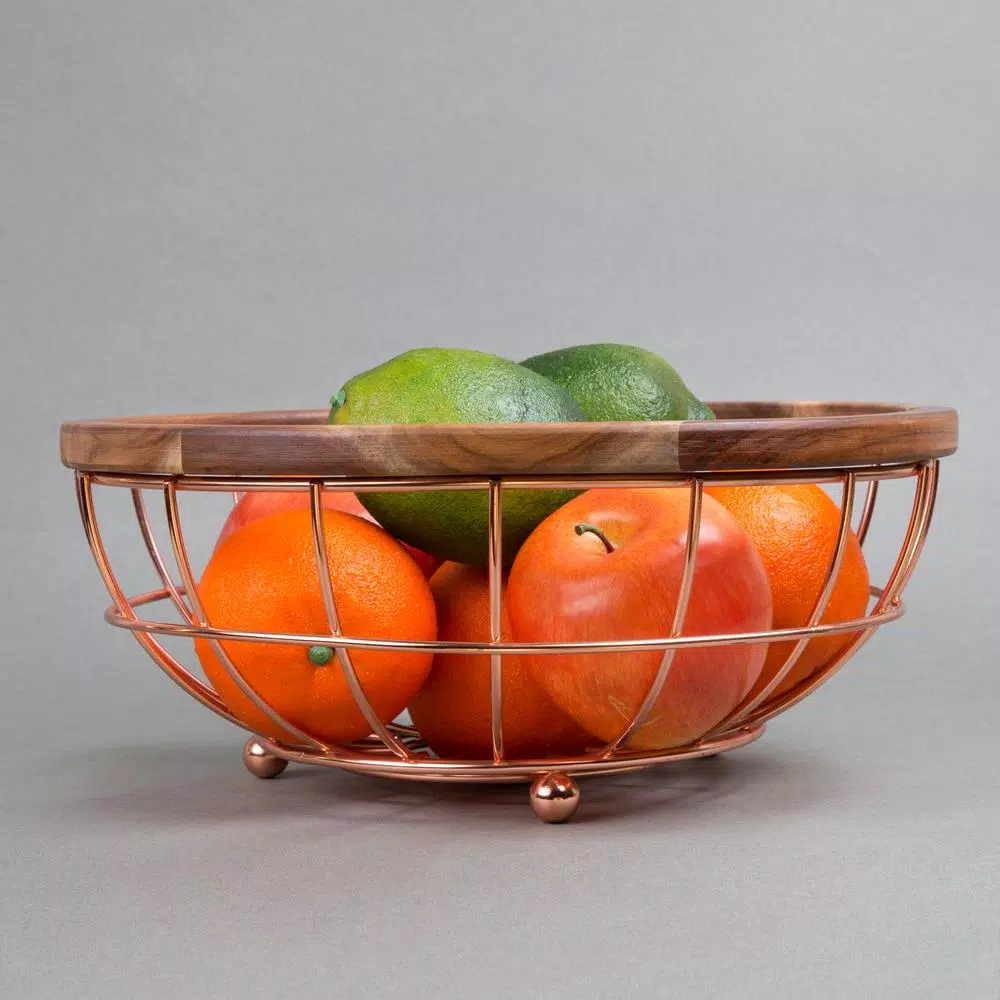 Creative Home Deluxe Acacia Wood and Copper Plated Iron Wire Fruit Basket Bowl