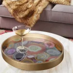 Benjara Contemporary Gold Glass and Wood Decorative Serving Tray thumbnail 1