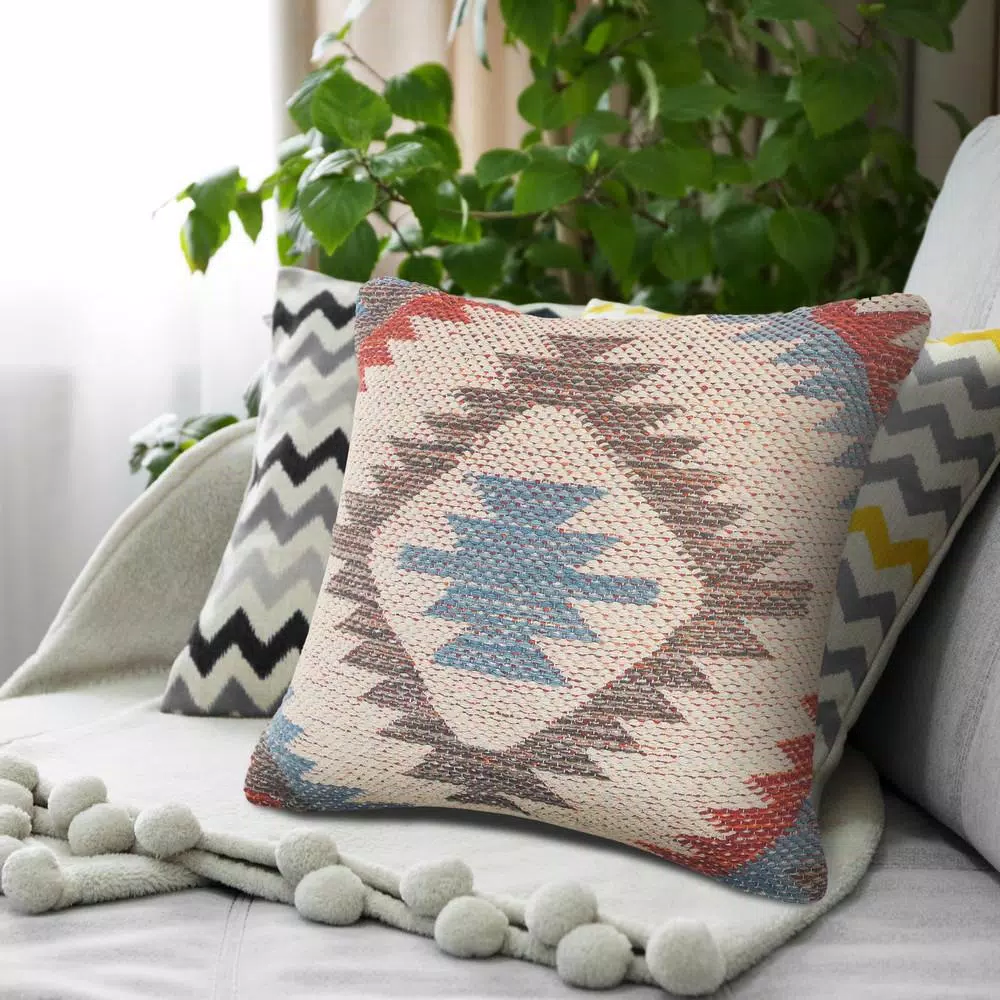 LR Home Southwestern Red Blue Gray Graphic Throw Pillow - 18 x 18 in. Cotton Square Accent Pillow