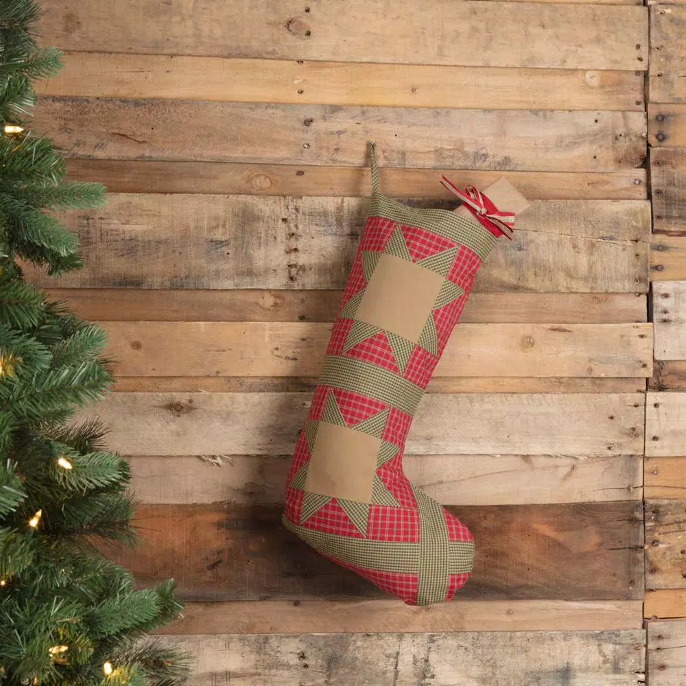 VHC Brands 20 in. Red Dolly Star Primitive Christmas Patchwork Cotton Stocking