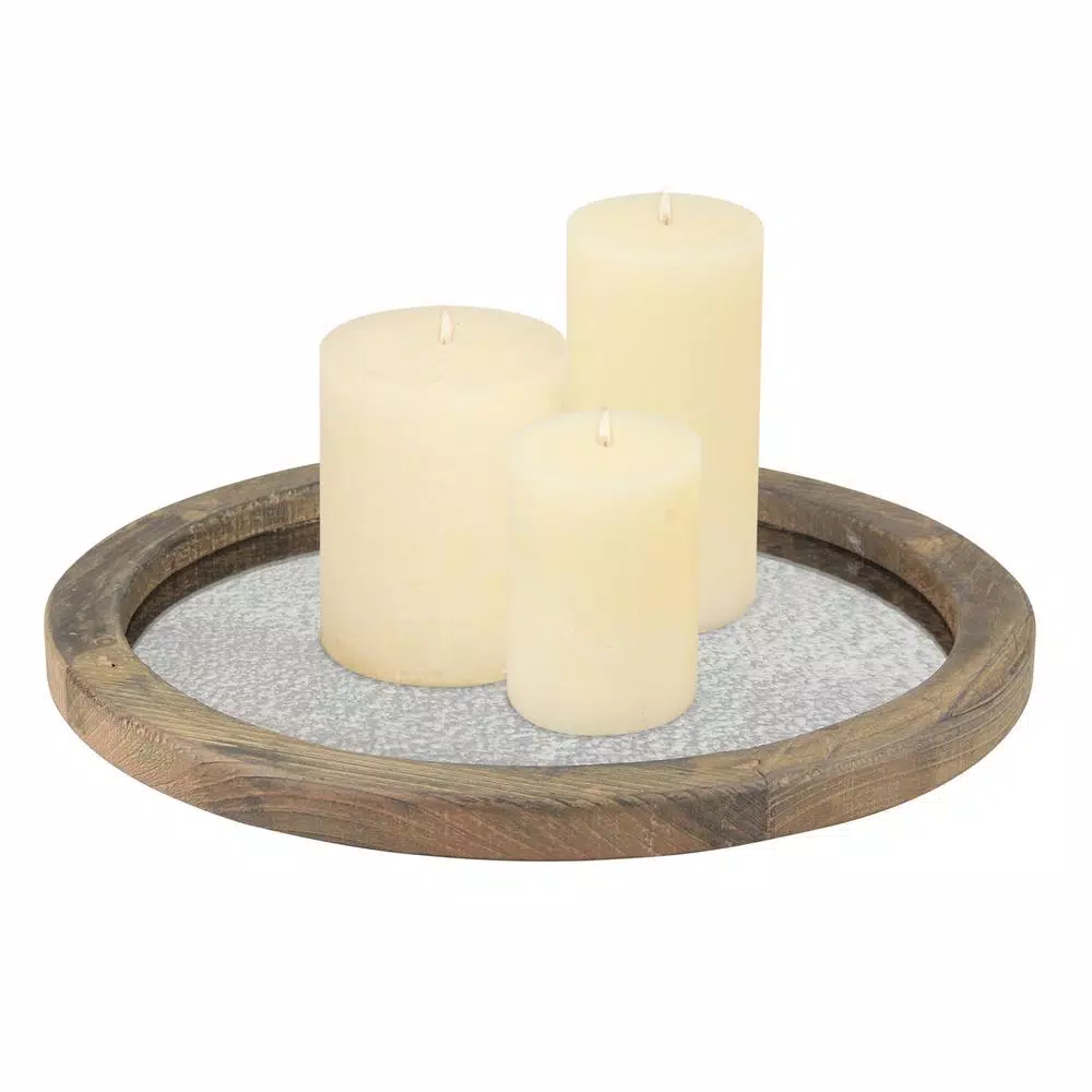 Stonebriar Collection Stonebriar Rustic Round Wood and Antique Mirror Serving Tray, Brown