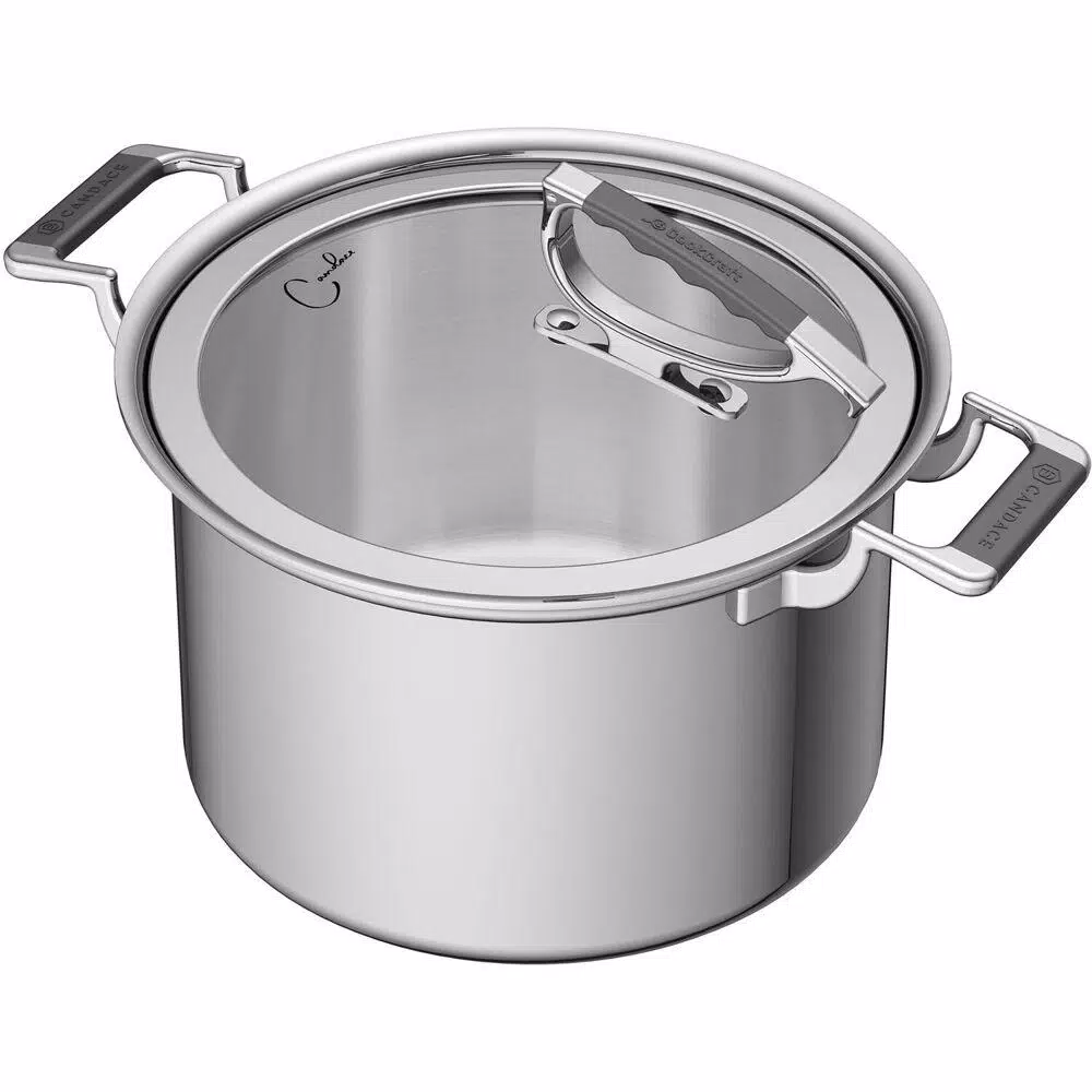 CookCraft by Candace 8 qt. Tri-Ply Stainless Steel Stock Pot with Patented Latch Glass Lid