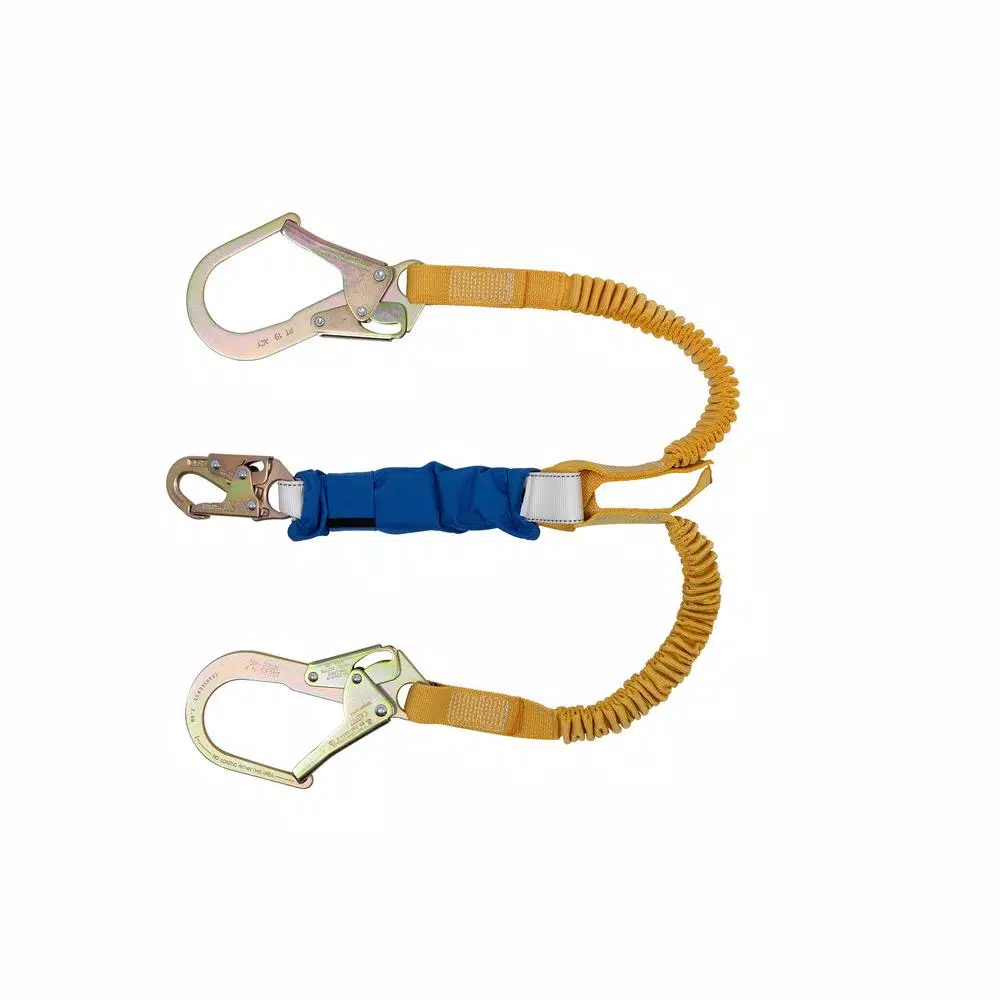 Werner DeCoil Stretch Twin Leg Lanyard with DCELL Shock Pack and Rebar Hooks, 6 ft.
