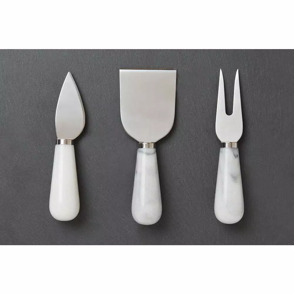 Fox Run White Marble and Stainless Steel Cheese Knife Set of 3 - Knife, Fork, and Spreader