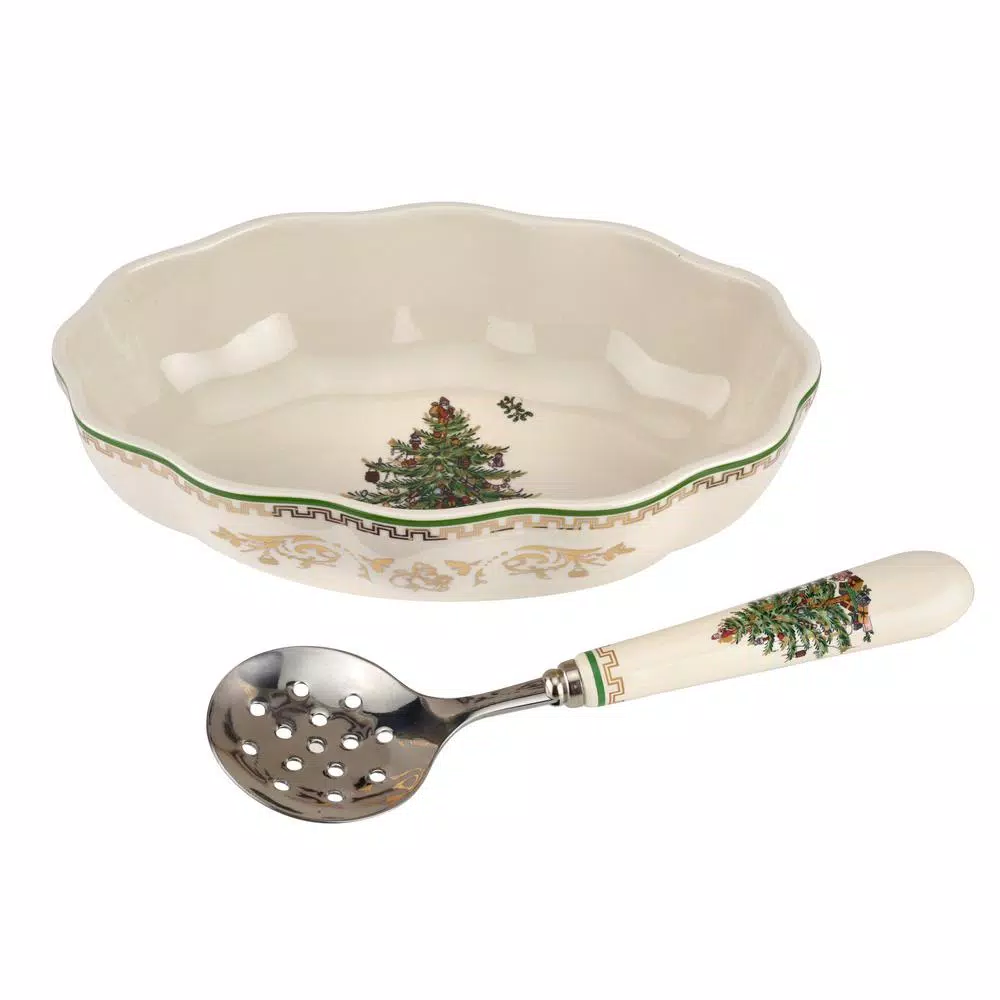 Spode Christmas Tree 8 in. Cranberry Dish with Slotted Server 2-Piece Set