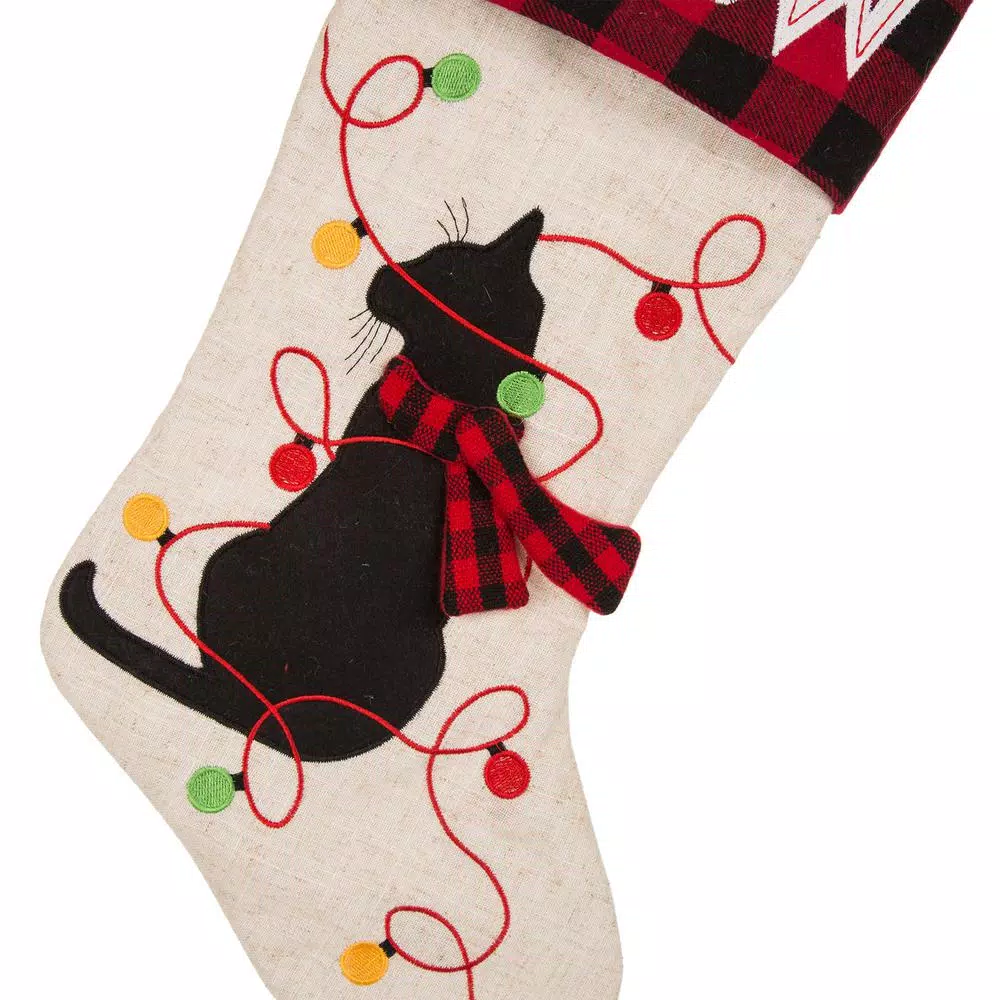 Glitzhome 21 in. LED Embroidered Dog Christmas Stockings, Cream Linen Polyester (2-Pack)