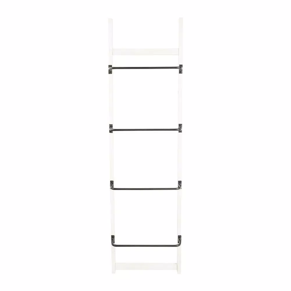 3R Studios 4-Bar Wall Mounted Towel Rack, Distressed Off-White Wood with Black Metal Bars