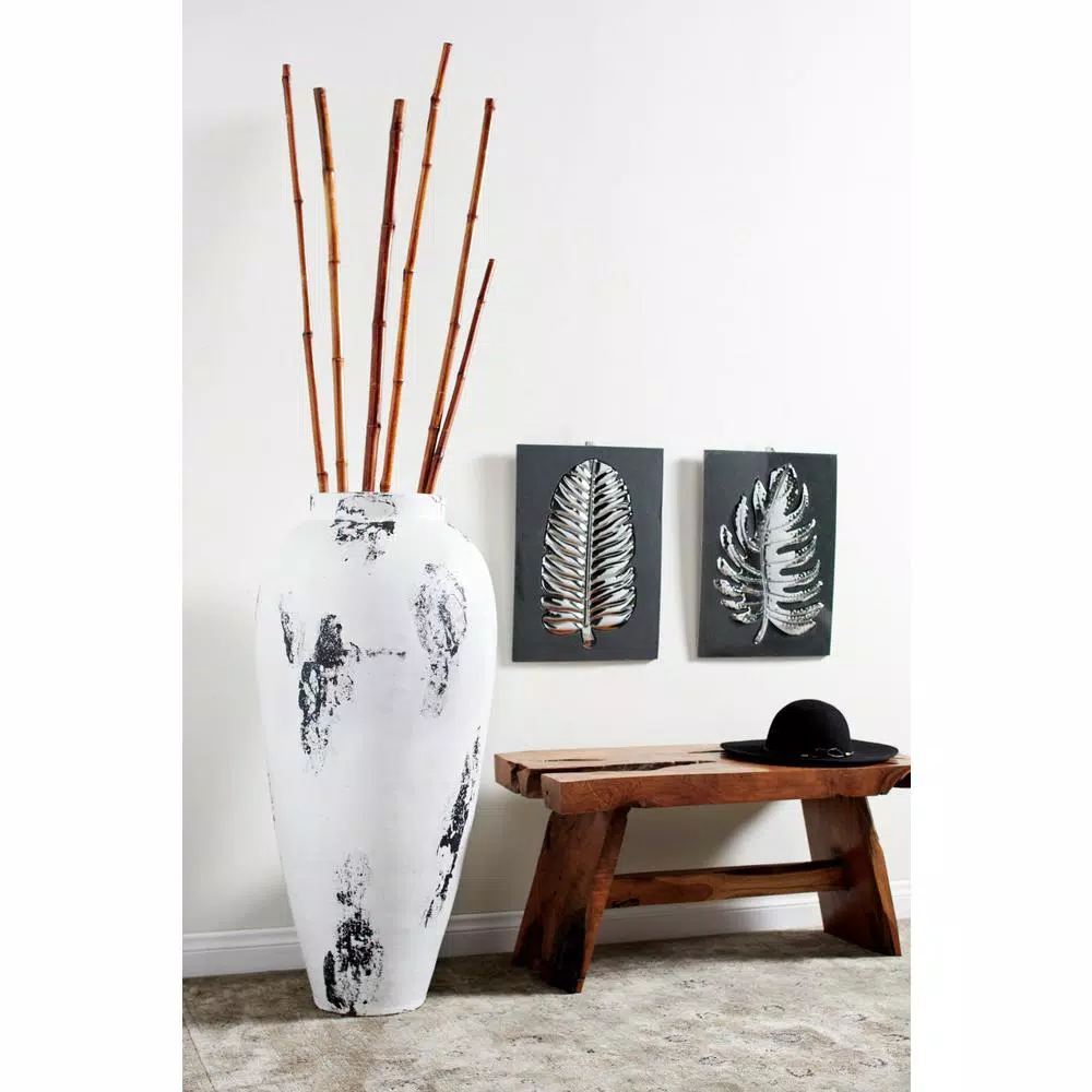 LITTON LANE Black and White Stoneware Floor Vase - 40 Inch Textured Decorative Ceramic Vase