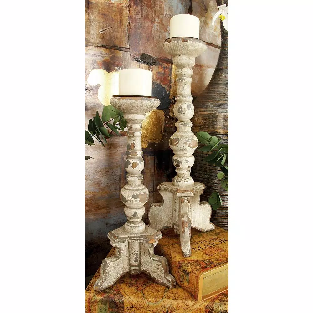 LITTON LANE White Wood and Iron 4-Footed Candle Holder Set of 2, Rustic Farmhouse Decor