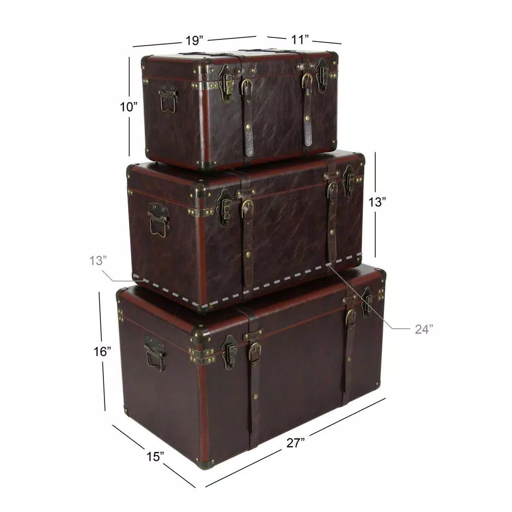 LITTON LANE Globetrotter Wood and Matte Brown Leather Decorative Trunk Set of 3