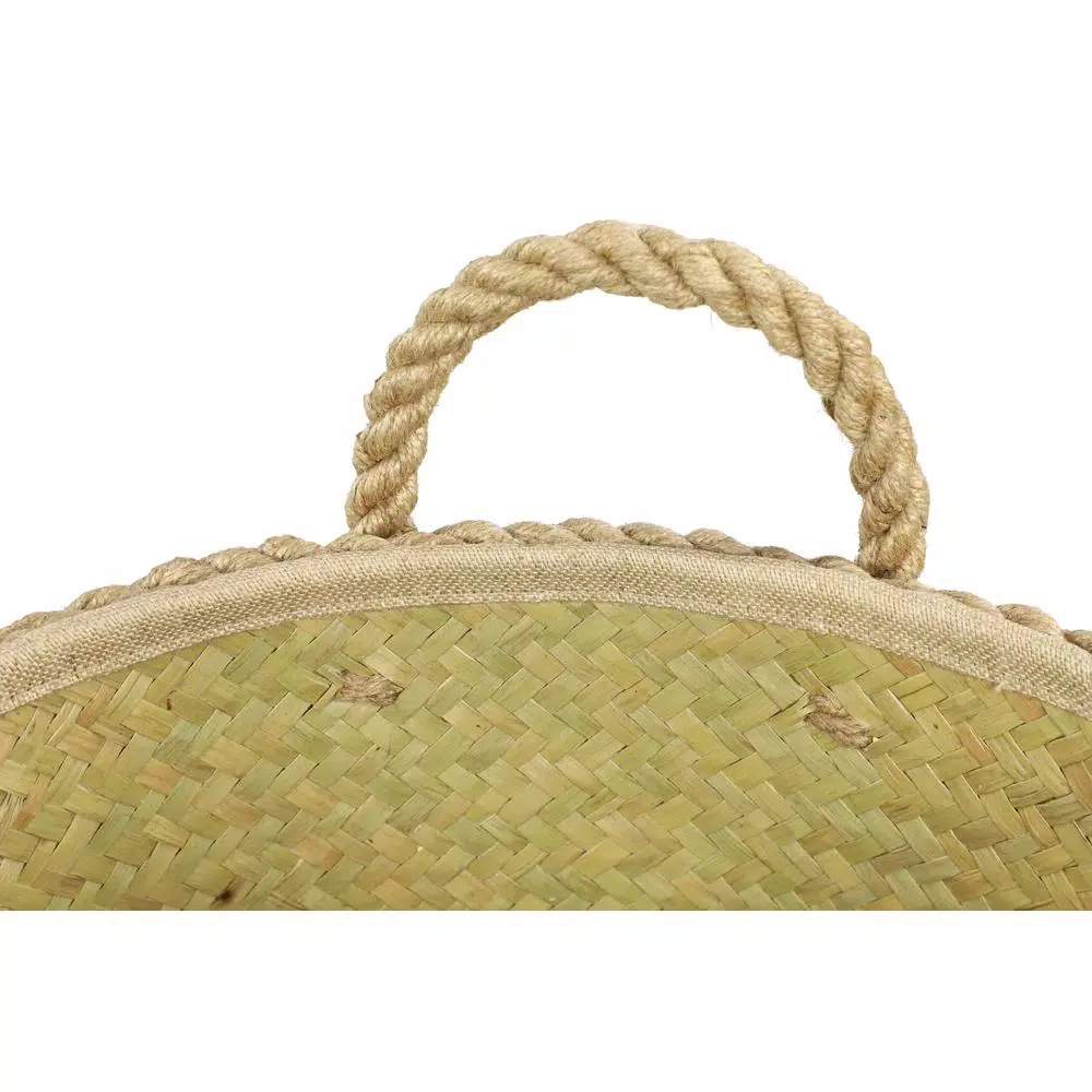 LITTON LANE Set of 3 Round Palm Leaf and Rope Wicker Storage Baskets with Handles, White