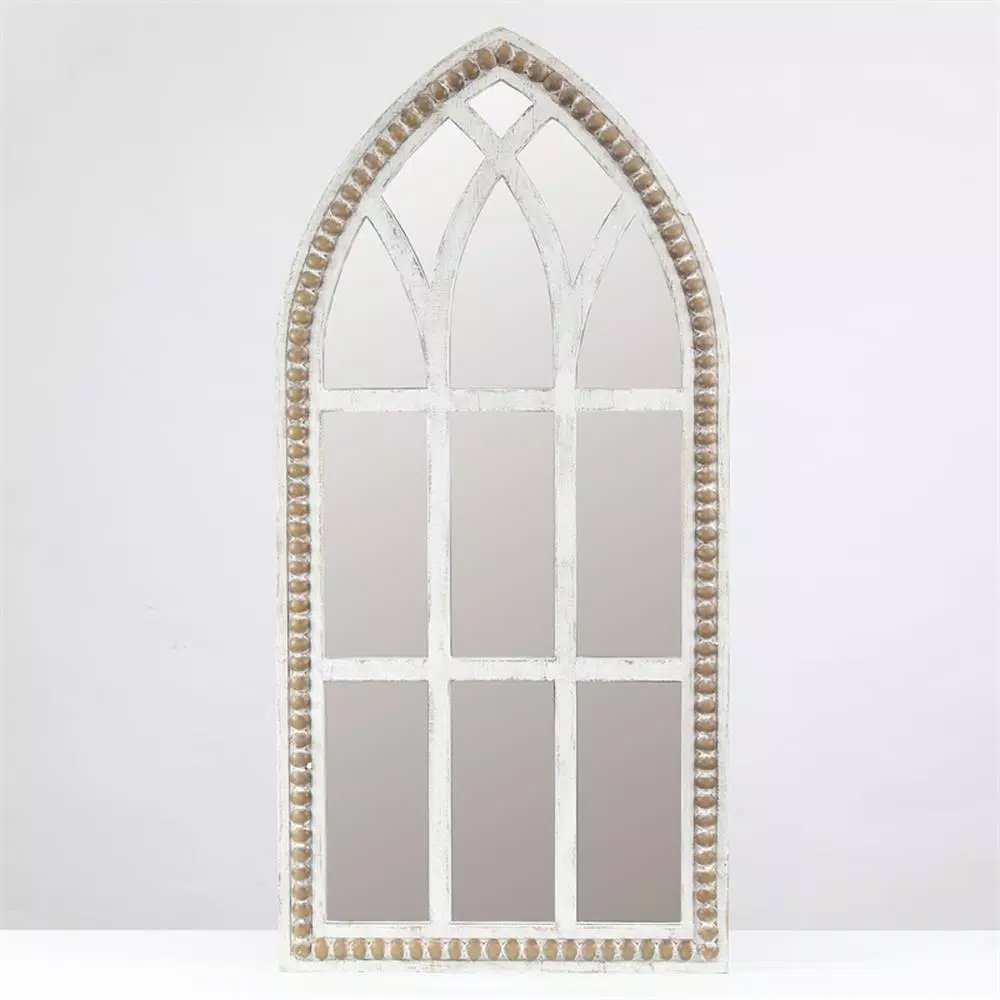 Luxen Home Modern White Arched Cathedral Wall Mirror with Distressed Wood Frame, 39.4 x 18.9 in.