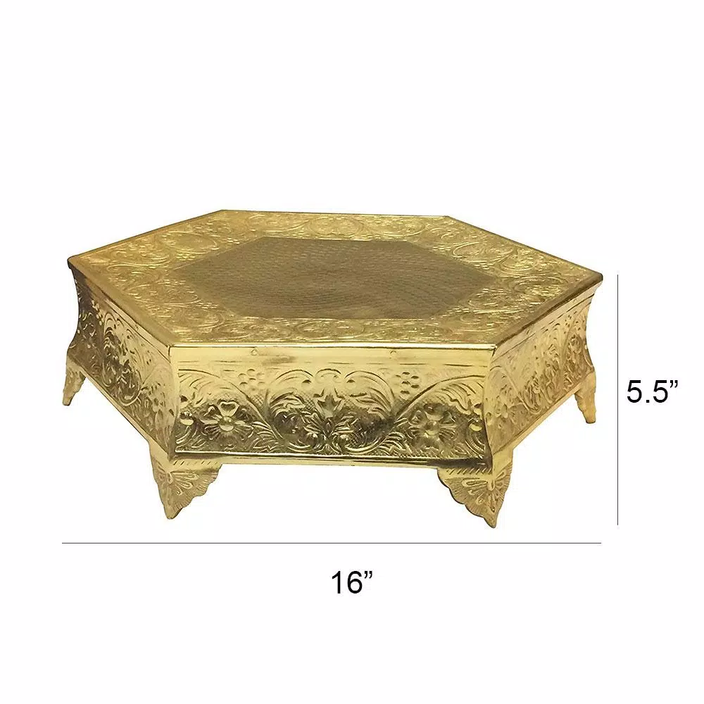 Benzara 16 in. Hexagonal Gold Metal Wedding Cake Stand with Embossed Art Detail