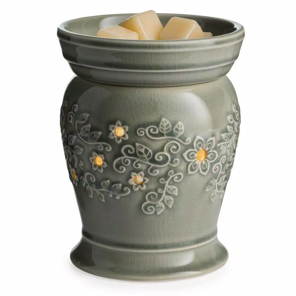 Candle Warmers Etc Perennial Illumination Fragrance Warmer - Jade Green Crackle Glaze with Floral Design