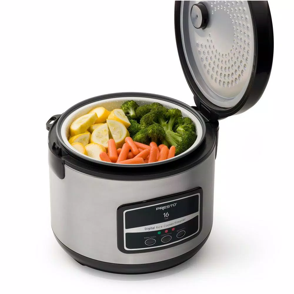 Presto 16-Cup Stainless Steel Rice Cooker with Non-Stick Pot and Steaming Basket