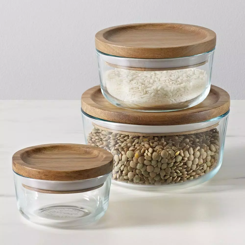 Pyrex Simply Store 6-Piece Pyrex Glass Food Storage Container Set with Acacia Wood Lids