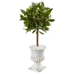 Nearly Natural Indoor Sweet Bay Mini Topiary Artificial Tree in White Grecian Ceramic Urn thumbnail 1